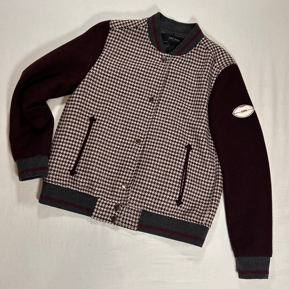 Zara Houndstooth Varsity Bomber Jacket Womens Small‎ Burgundy Wool Blend